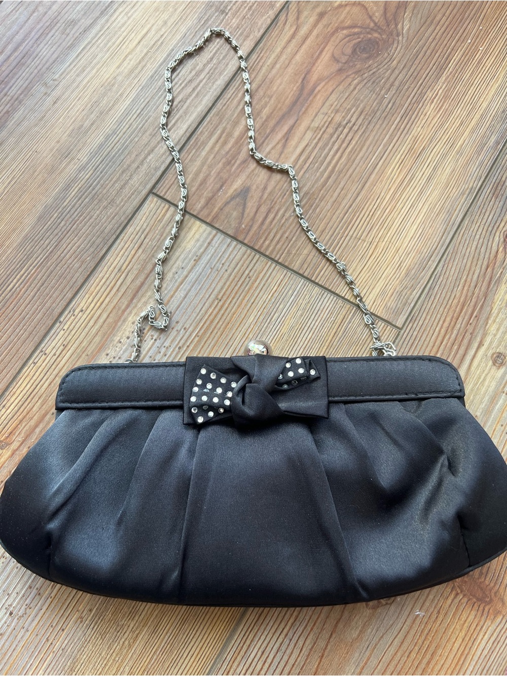 Jacqueline Ferrar Black Satin Bow Evening Clutch with Chain